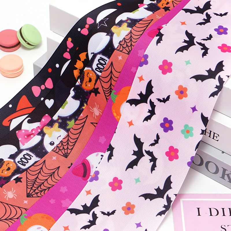 5 Yards Bat Spider Halloween Printed Grosgrain Satin Ribbons For Bows DIY Craft Decoration Packaging Supplies. 85110