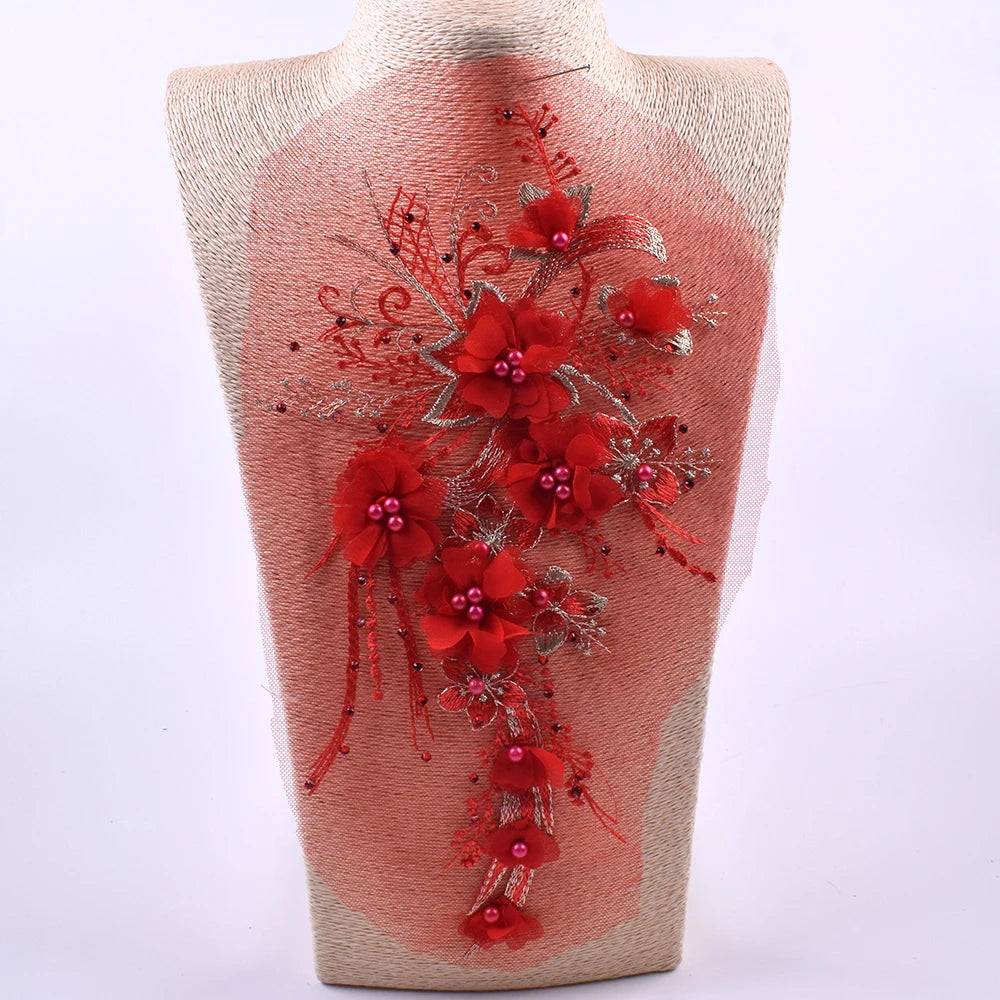 1Pc Pink Blue 3D Flower Bead Embroidery Patch Mesh Fabric Applique Sew Wedding Dress Clothes Decor Diy Repair