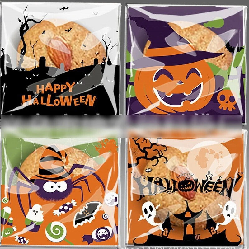100pcs Happy Halloween Cookie Candy bread packaging bags self-adhesive plastic bags for biscuits snack baking package 10X10