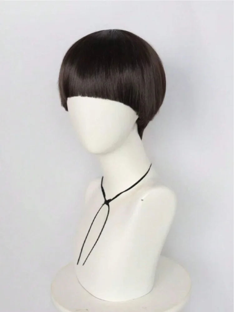 Short brown cosplay wig for men, synthetic bowl cut hair, anime retro wig, suitable for movies, parties, Halloween, Christmas