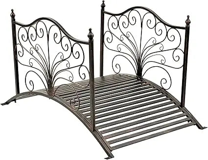 4FT Metal Garden Bridge with Side Rails, Outdoor Arch Footbridge with Scrollwork, 440 lbs Capacity, Easy Assembly for Yard, Lawn