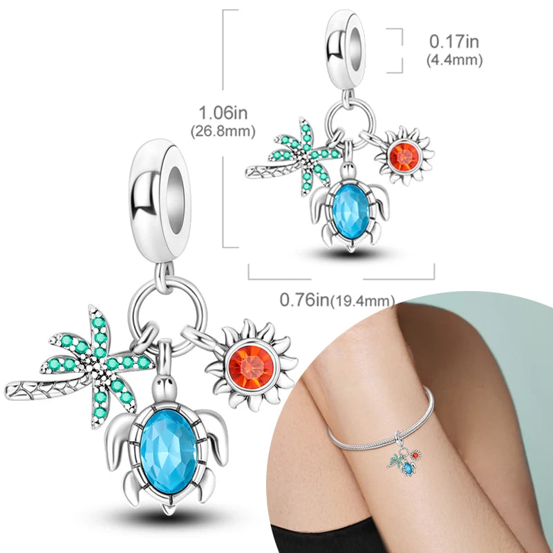 New Silver Plated Charms Beads Turtle Starfish Shell Sea Blue Summer Beads Fit Original Charms DIY Woman Jewelry Gift