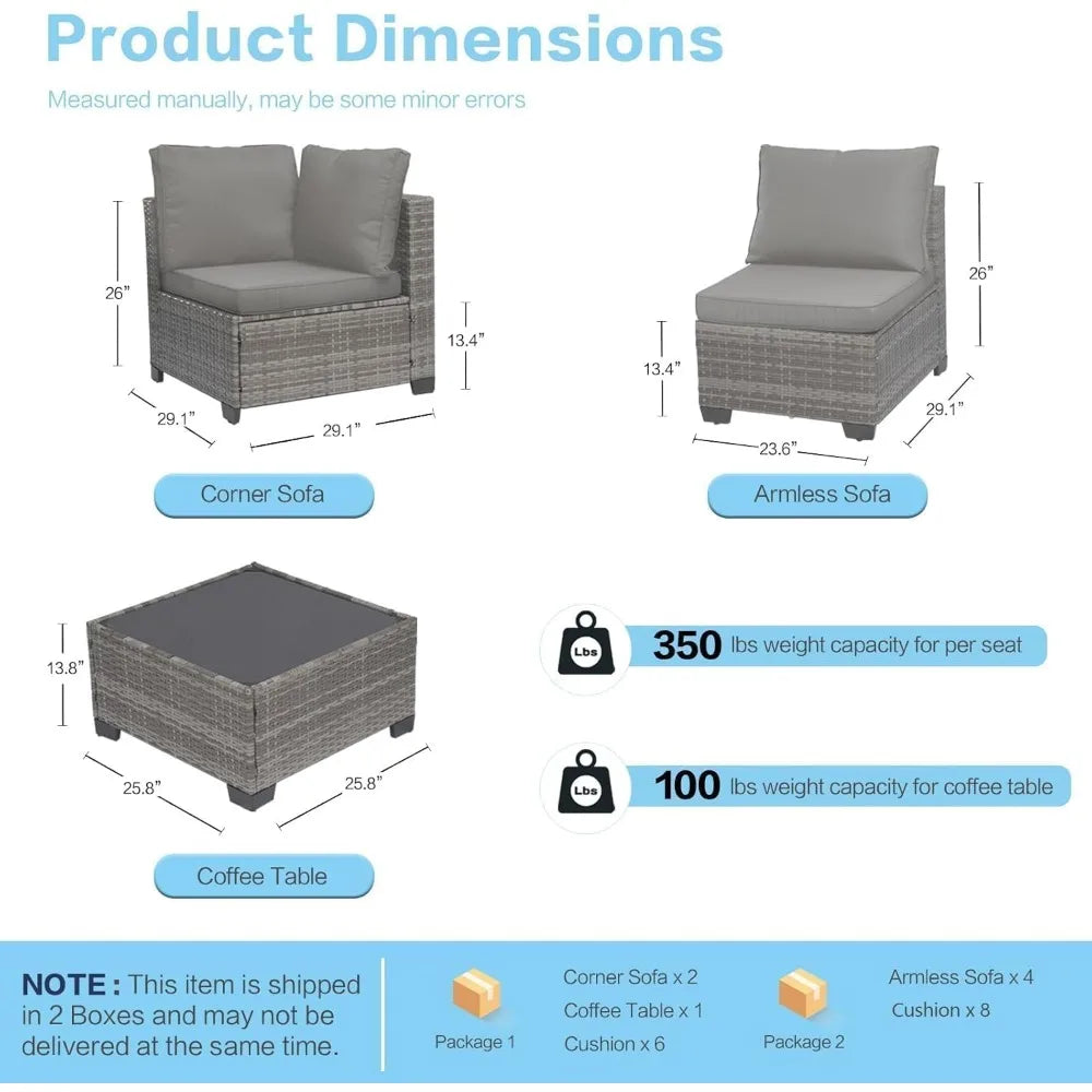 7-Piece Outdoor Rattan Sectional Sofa Set, Gray Wicker Patio Furniture Sets with Navy Blue Cushions for Balcony, Porch