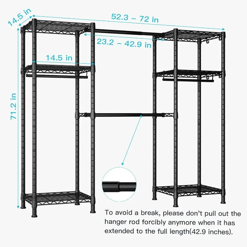Ulif E7 Garment Rack, Heavy Duty Clothes Storage System with Extendable Hangers Rods, Metal Clothe Rack with 6 Wire Shelves, (52