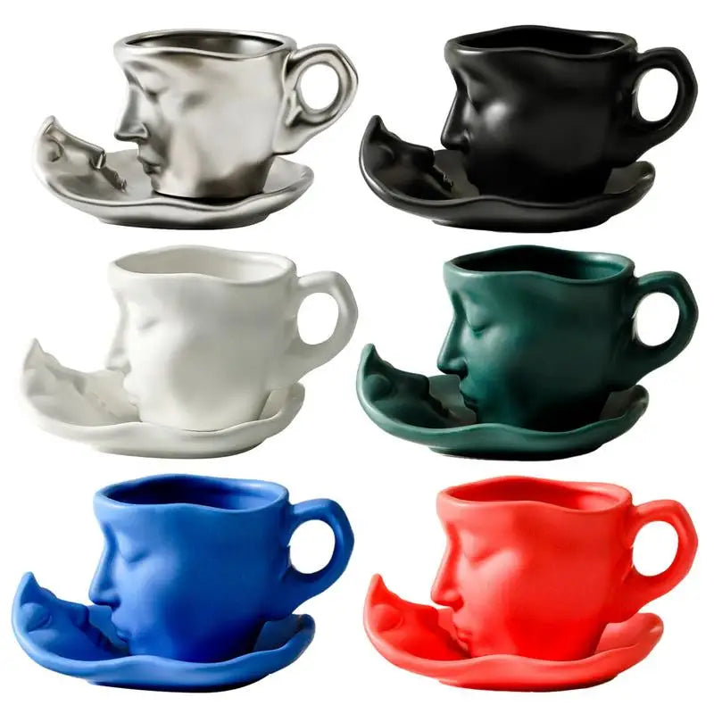Creative Face Shape Porcelain Cup and Saucer Ceramics Tea Cup Artistic Kiss Ceramic Coffee Cups Office Cup Wedding Gifts