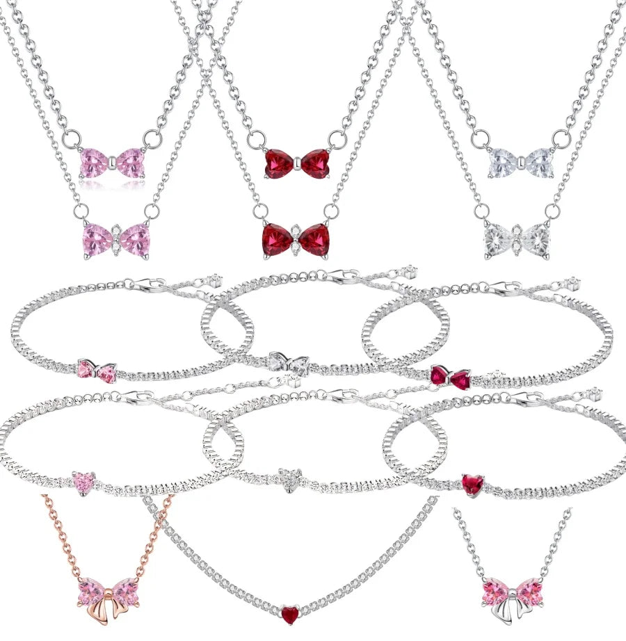 Luxury Original 925 Sterling Silver Necklace Bow Round CZ Red Heart Pendant Necklace Charm Women Classic DIY Gift Making