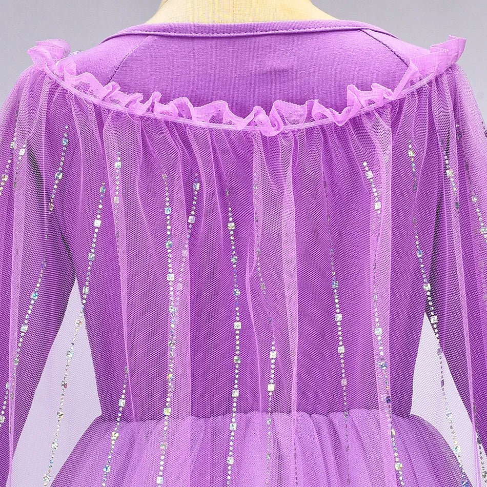 Girl Elsa Dress Princess Cosplay Purple Sequins Mesh Halloween Long Sleeves Ball Gown Birthday Party Carnival Costume