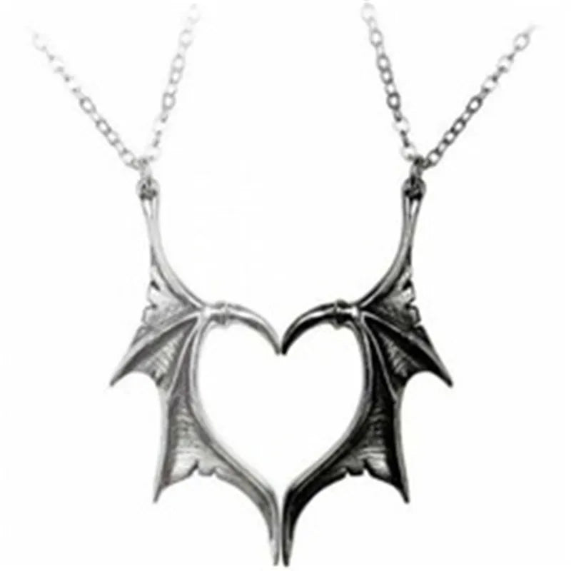 Bat Wing Necklace Men's Fashion Pendant Love Couple Stitching Alloy Necklace White Black Dragon Wing Heart Pendant Hip-hop Punk