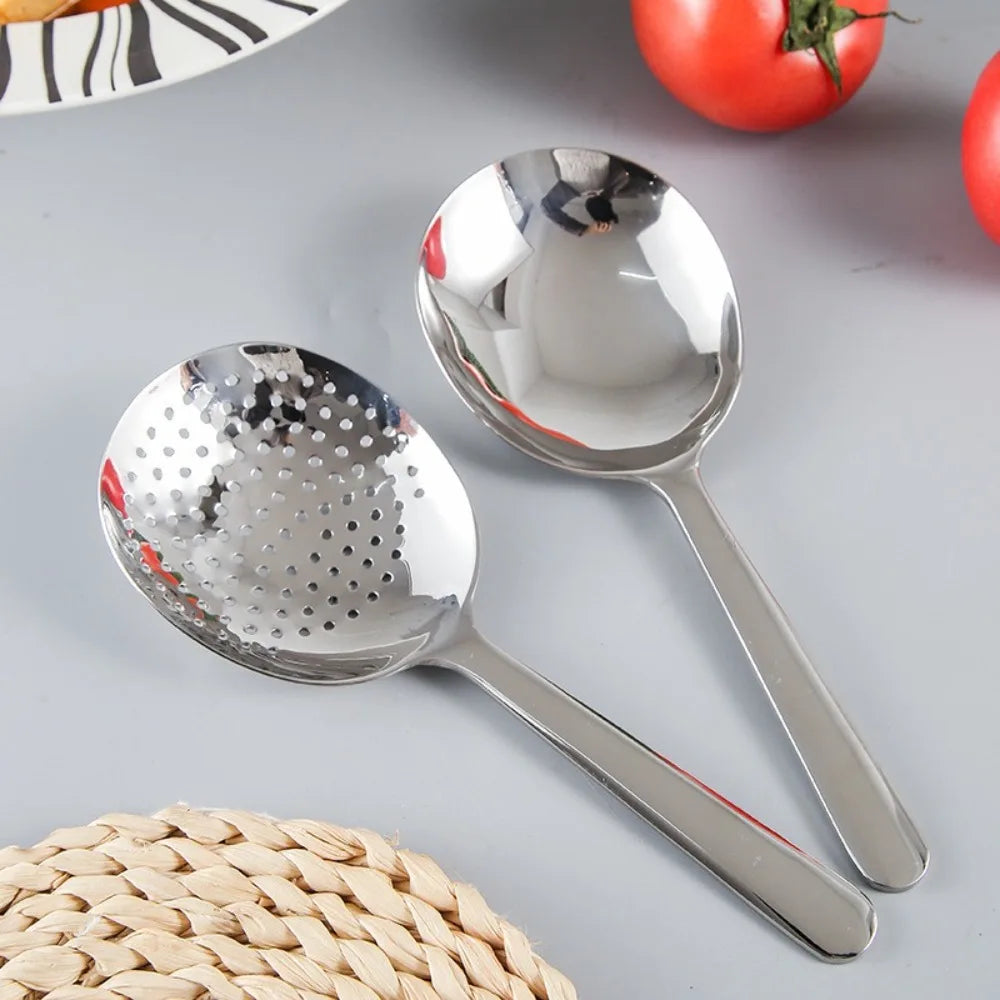 1Pc Big Head Stainless Steel Round Spoon Large Size Dining Spoon Rice Serving Spoon Drain Hole Heat Spoons Kitchen Tool Utensils