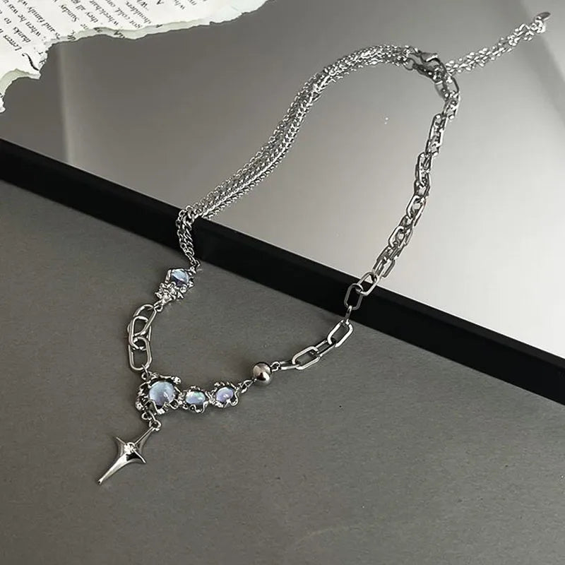Silver Color Star Pendant Necklace Shiny Rhinestone Moonstone Clavicle Chain Necklace For Women Party Accesories Y2k Jewelry