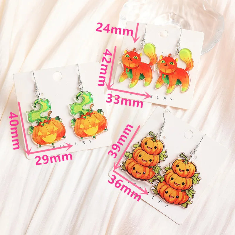 1Pair Fashion Halloween Creative Acrylic Stacked Pumpkin Cats Dangle Earrings For Women Birthday Festival Gift Lovely Jewelry