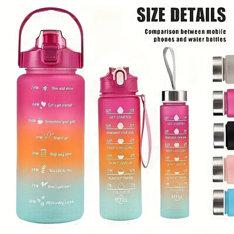 2000ml+900ml+300ml Motivational Water Bottle Set Large Capacity Tumbler with Straws Time Marker for Outdoor Sports
