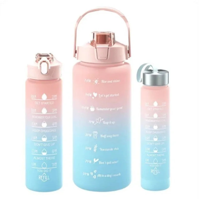 2000ml+900ml+300ml Motivational Water Bottle Set Large Capacity Tumbler with Straws Time Marker for Outdoor Sports