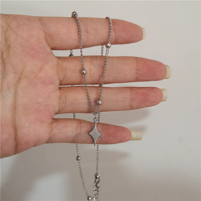 Kpop Goth Vintage Cool Y2K Star Pendant Beaded Silver Color Chain Necklace For Women Men Aesthetic Grunge EMO Jewely Accessory