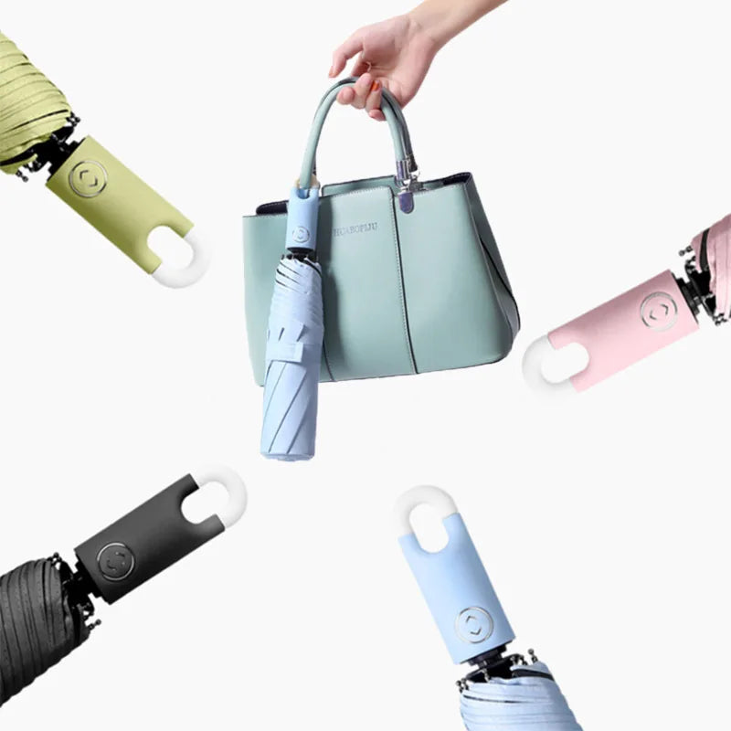 Automatic locking umbrella, creative loop buckle, simple Japanese black rubber sun protection hook type three fold umbrella