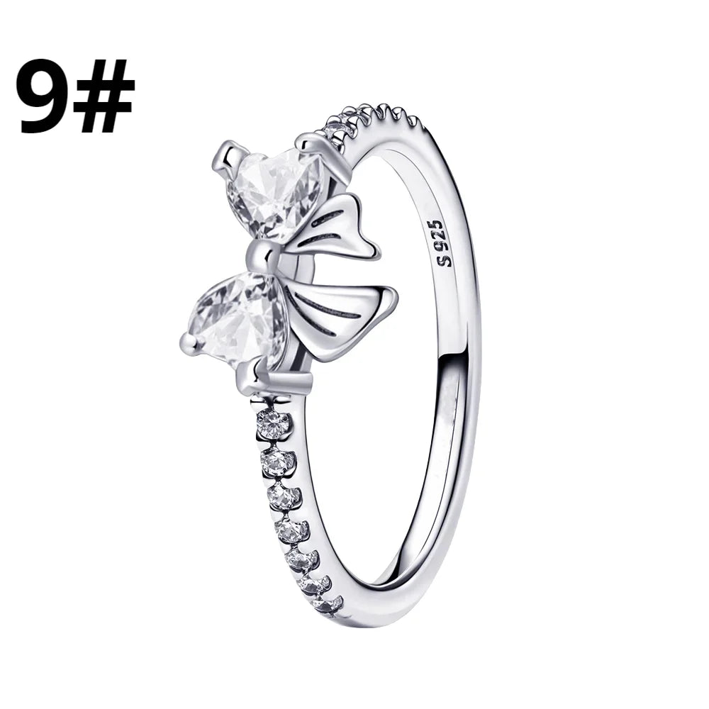 New 925 Silver Shining Ring Colorful Bow Tie Set Zircon Ring Earrings Bracelet Necklace Original For Women DIY Fine Jewelry Gift