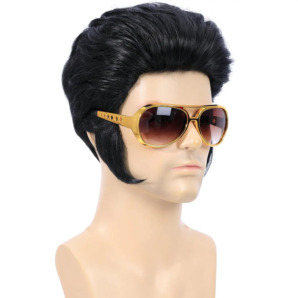 Synthetic 50s 60s Rock Legend Wig for Men Elvis Wig 1950s Singer Rocker Costume Wig with Accessories for Cosplay Halloween Party