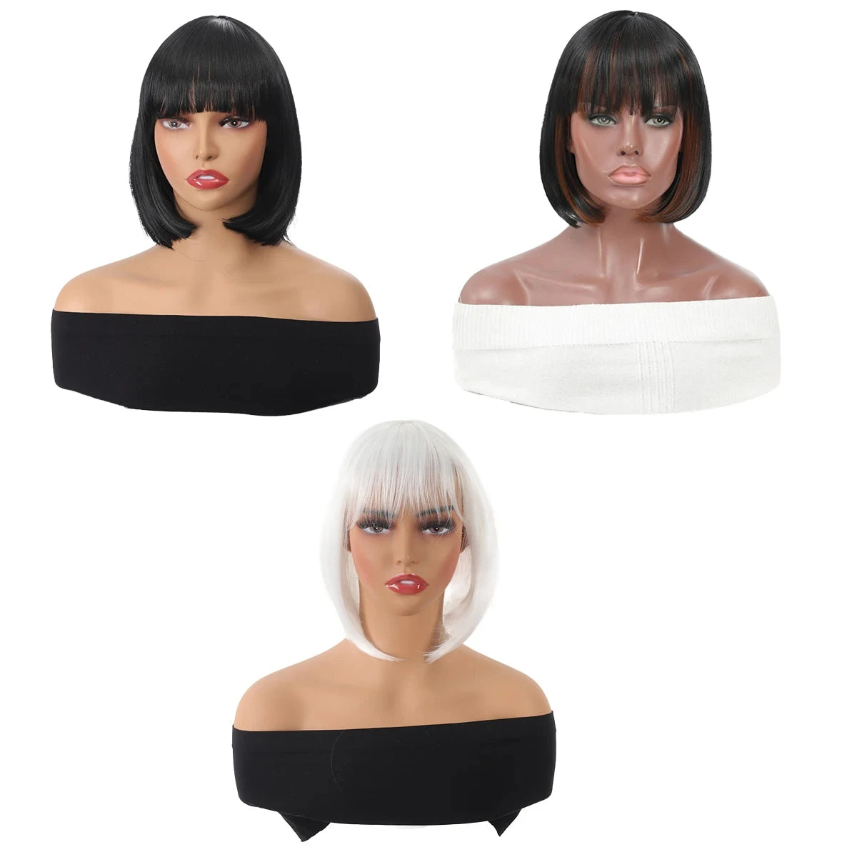 Synthetic Natural Black Short Bob Hair Wigs for Women With Bangs  Straight Cosplay Halloween Party Wig For Girls Daily Hair Wigs