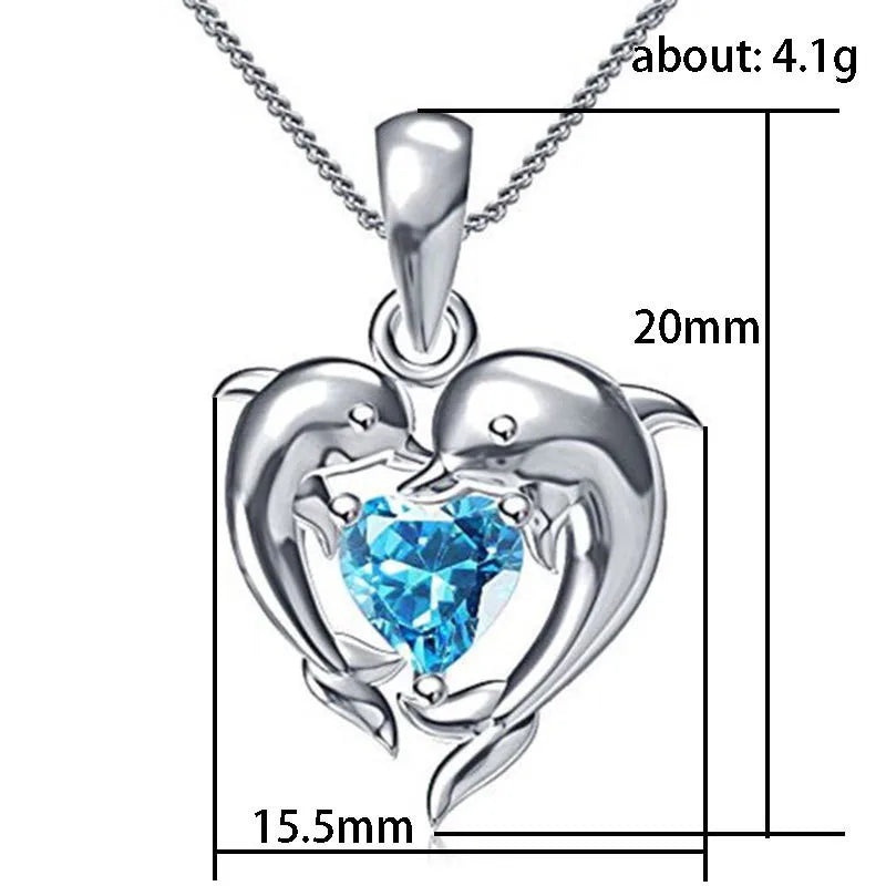 925 Sterling Silver Dolphin Blue Heart CZ Necklace Women Bride Wedding Clavicle Chain Necklaces Fancy Gift Statement Jewelry