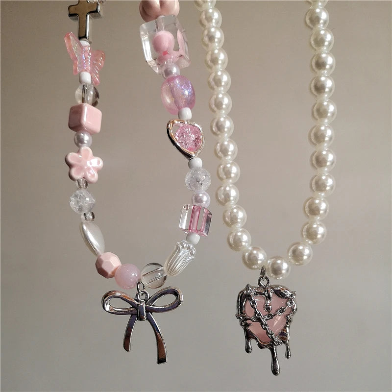 Kpop Goth Y2K Cute Pink Ribbon Bowknot Heart Pendant Pearl Beads Choker Necklace Girl Charm EMO 2000s Lolita Jewelry Accessories