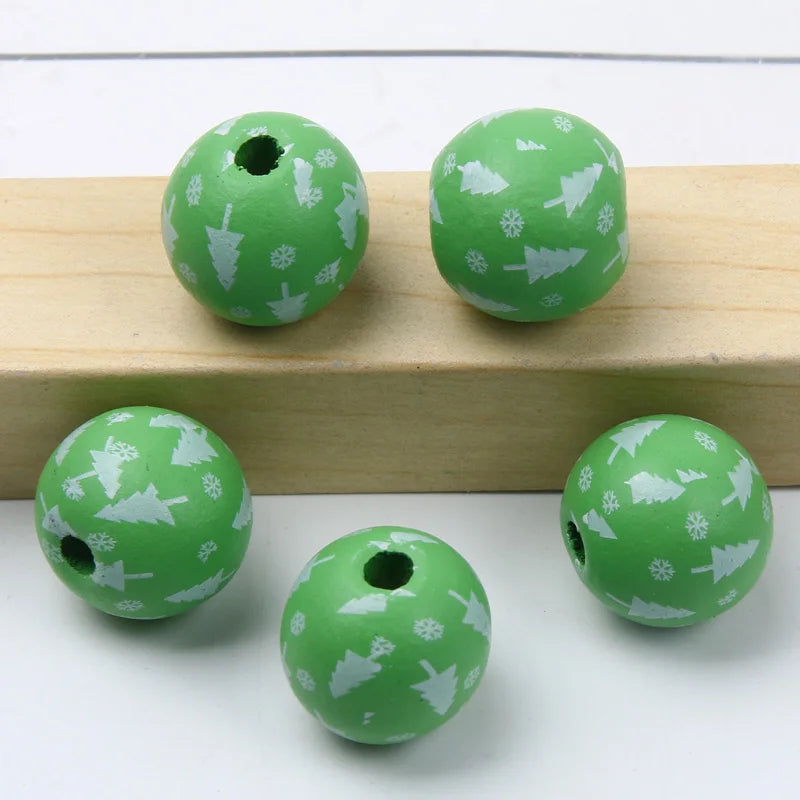 Round Balls Red Green Wooden Beads 15mm Cartoon Tree Letter Pattern Halloween Christmas Beads For Jewelry Making DIY Accessories