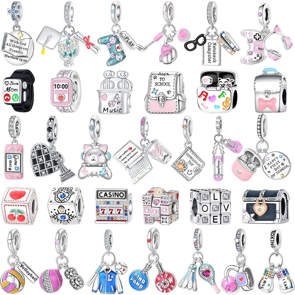 Original 925 Sterling Silver Charms Bag Earphone Magic Cube Watch Games Console Bead Pendant Fit Bracelet Necklace Jewelry