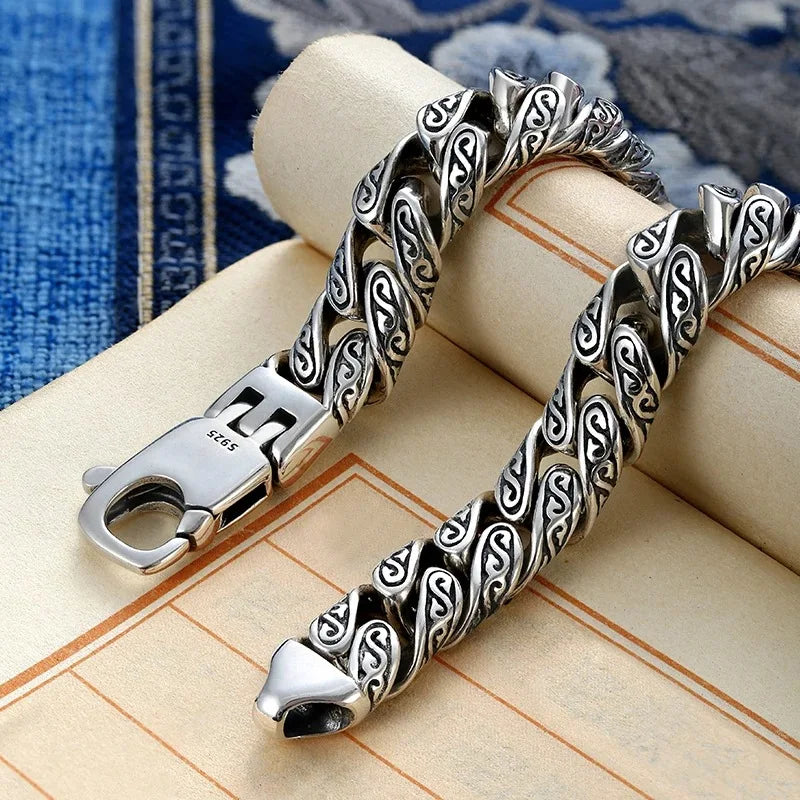 Real S925 Sterling Silver personality Tang grass pattern men's and women's retro hip Hop bracelet fashion certified jewelry gift
