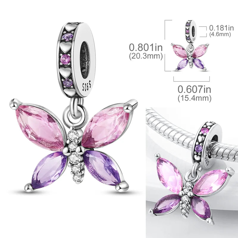2025 Hot Sale Charms Bead 925 Sterling Silver Pink Butterfly Luminous Firefly Dangle Fit Bangle Bracelet Necklace DIY Jewelry