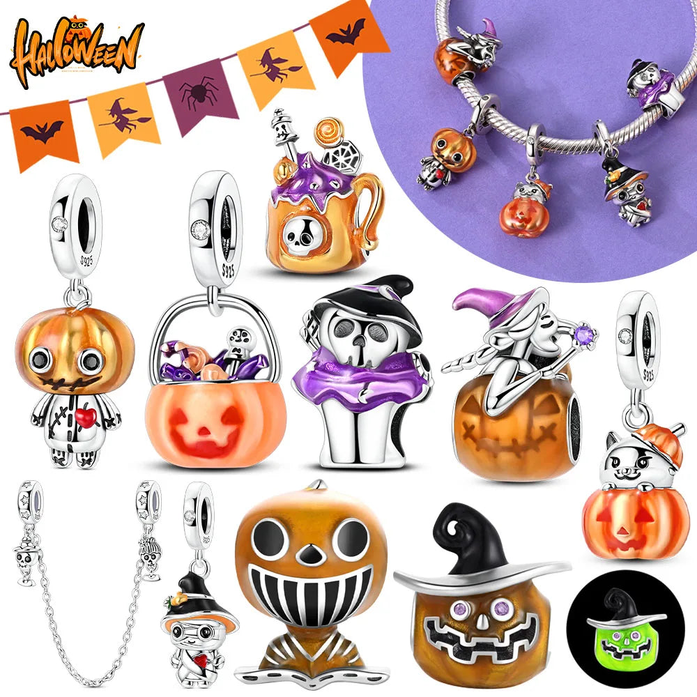 Halloween Charms 925 Sterling Silver Nightlight Pumpkin Skull Candy Witch bead for jewelry making Fit DIY Bracelet Pendant Women