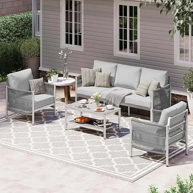 Aluminum Outdoor Patio Furniture Set, HDPE Rope 4 Piece Modern Sectional Conversation Sets with Dual-Layer Coffee Table