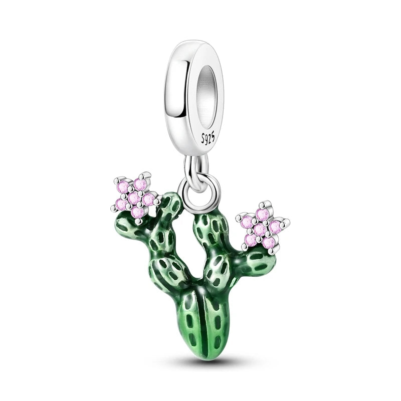 New 925 Sterling Silver Cactus Four Leaf Clover Charm Spring Green Series Bead Pendant For Original Beads Bracelet DIY Jewelry