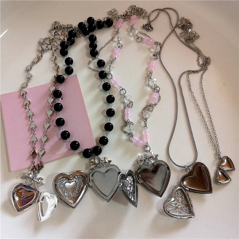 Goth Y2k Aesthetic Heart Locket Pendant Open Female Silver Color Stainless Steel Photo Frame Charm Necklace Women EMO Jewelry