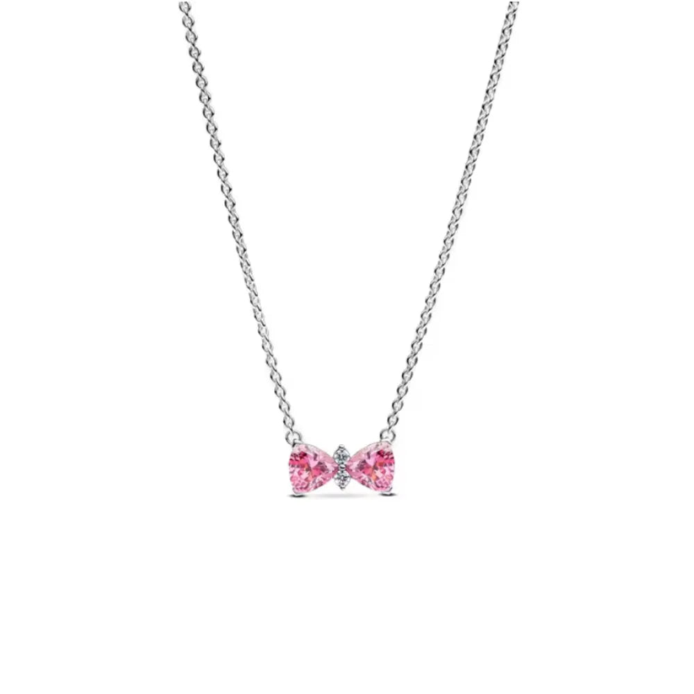 New 925 silver pink bow heart-shaped pendant ring necklace earrings crystal women's Valentine's Day birthday gift DIY jewelry