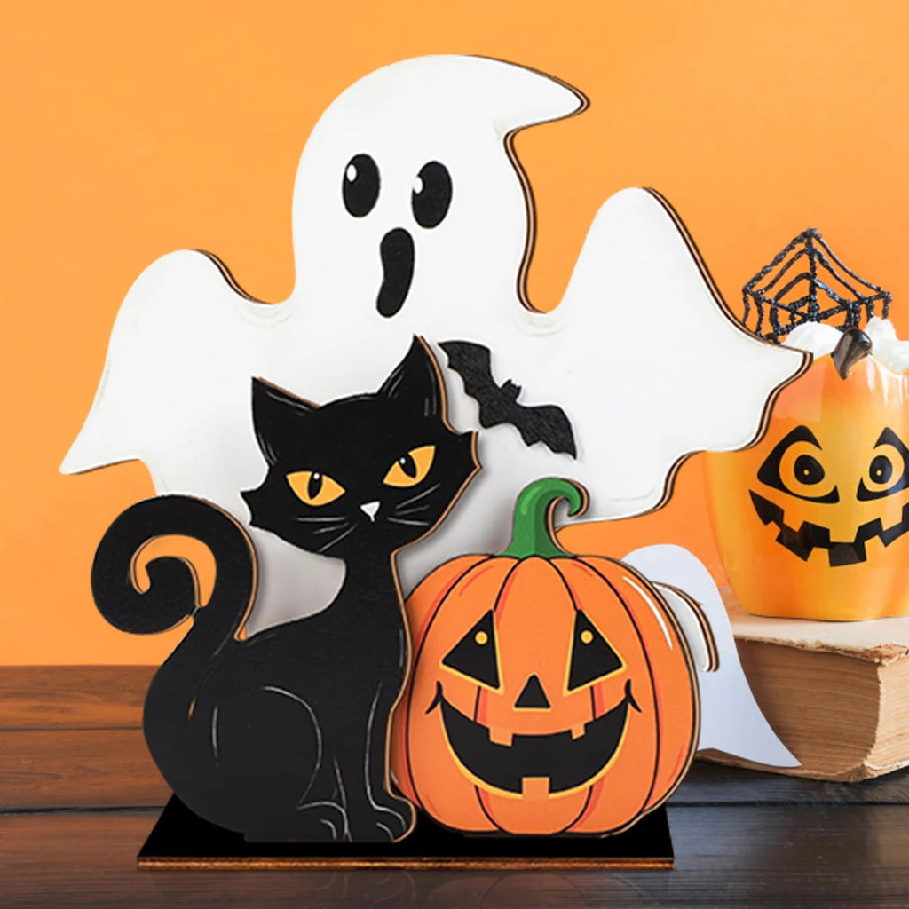 Halloween Wooden Decor - Ghost, Black Cat and Pumpkin Figurine for Home Party Ornament