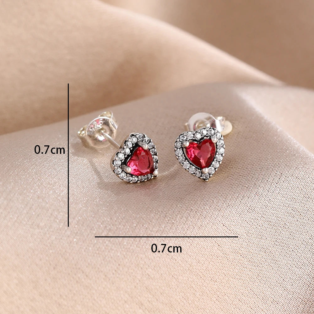 2025 New 925  silver earrings with sparkling red heart and pink bow earrings that fit original women's jewelry DIY birthday gift