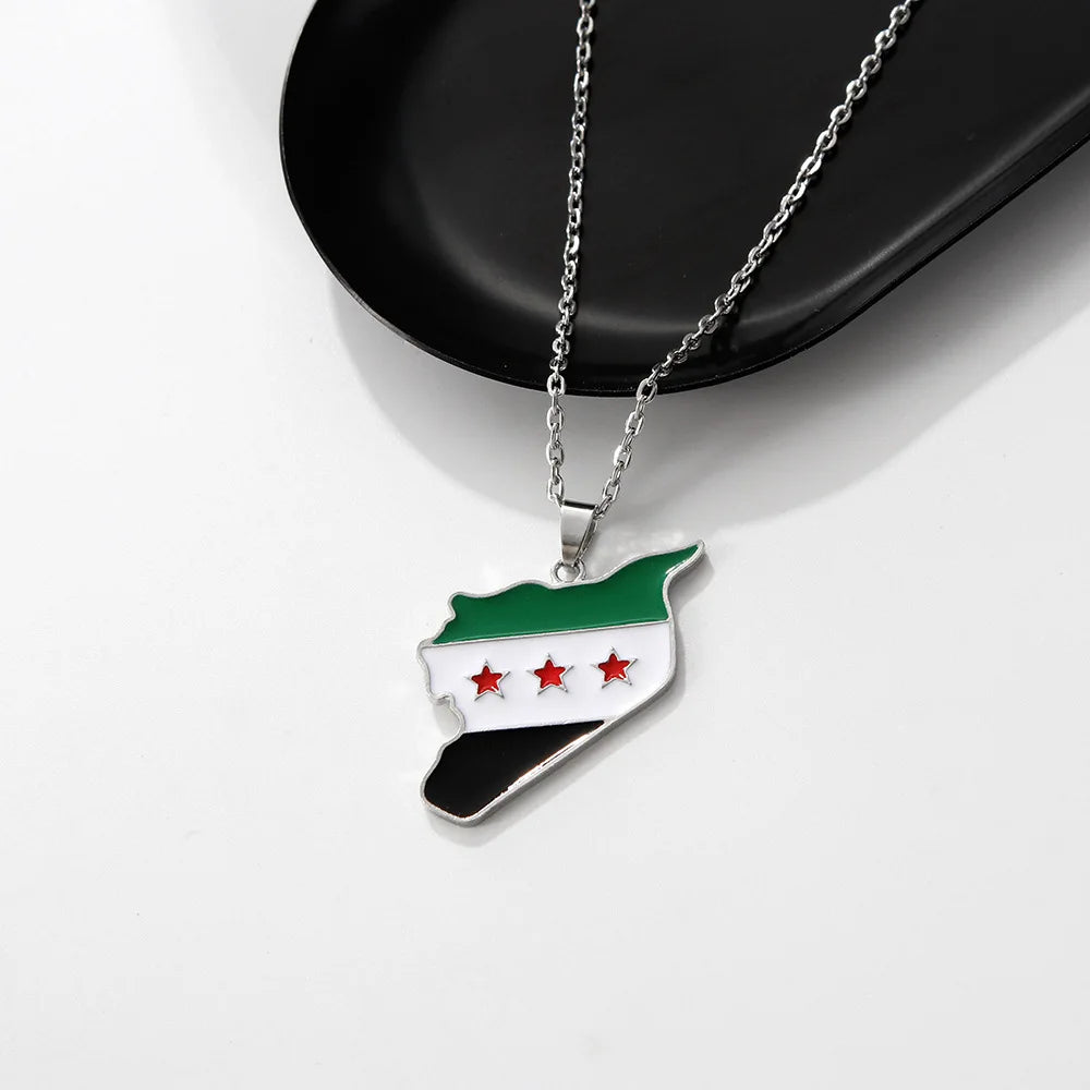YILUOCD Stainless Steel Syria Map Flag Pendant Keychain Fashion Syrians Map Keyring for Women Men Chain Jewelry Gift