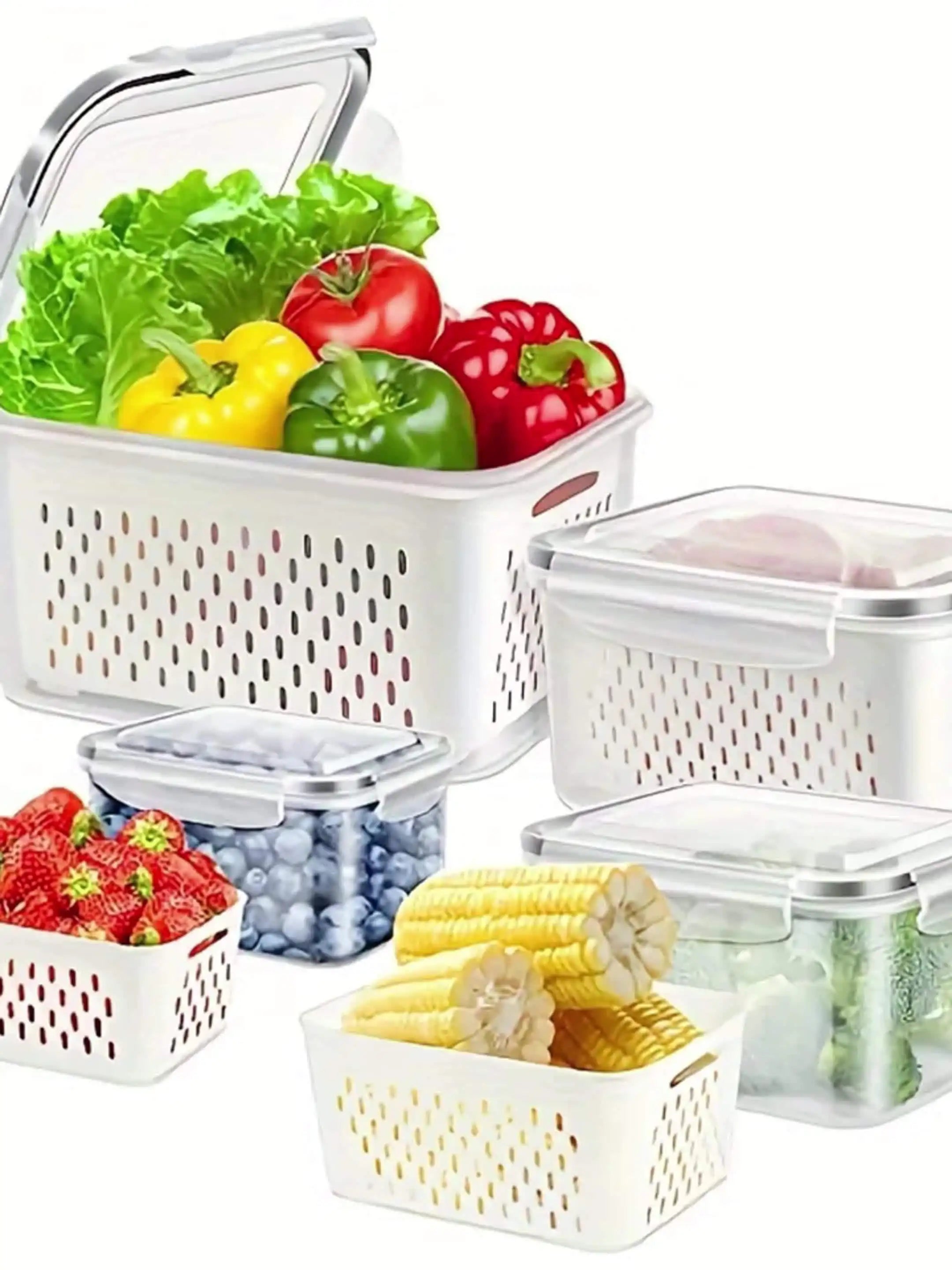 Plastic Food Storage Container with Drainage Basket and Lids, Fridge-Safe, Reusable Kitchen Organizer, Refrigerator Storage Box