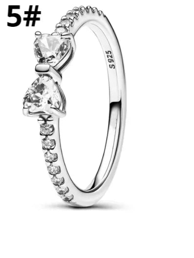 Original 925 Sterling Silver Bow Heart Set Ring Necklace Earring Colorful Crystal Women Birthday Valentine's Gift DIY Jewellery