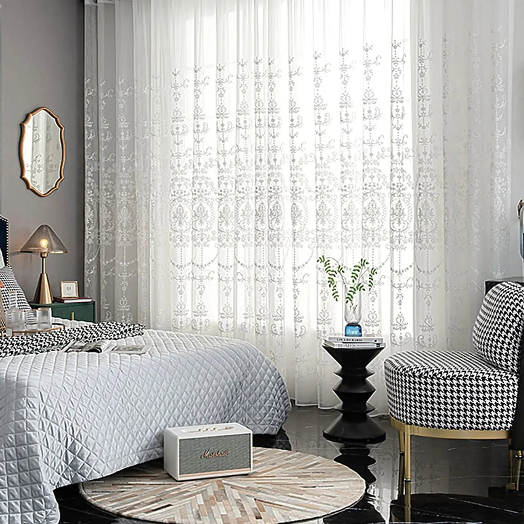 1pc Elegant Single Layer Embroidered Sheer Curtain, Breathable,Anti-Mosquito,sunscreen,for Living Room, Bedroom Decor