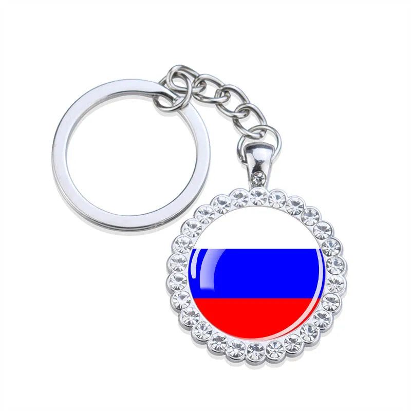Europe National Flag Keychains Glass Dome Rhinestone Pendant Key Chains Albania Spain Ukraine Russia France Germany Flag Keyring