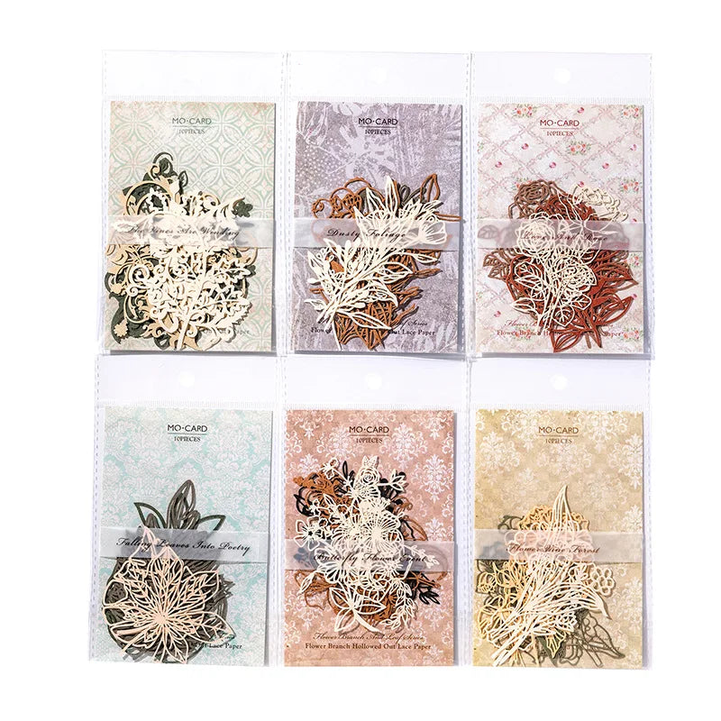 10pcs Vintage Botanical Cut-Out Papers - Lace-Like Base Sheets for Journal & Scrapbooking