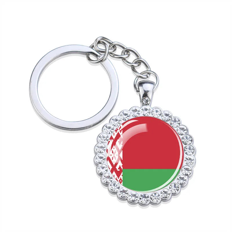 Europe National Flag Keychains Glass Dome Rhinestone Pendant Key Chains Albania Spain Ukraine Russia France Germany Flag Keyring