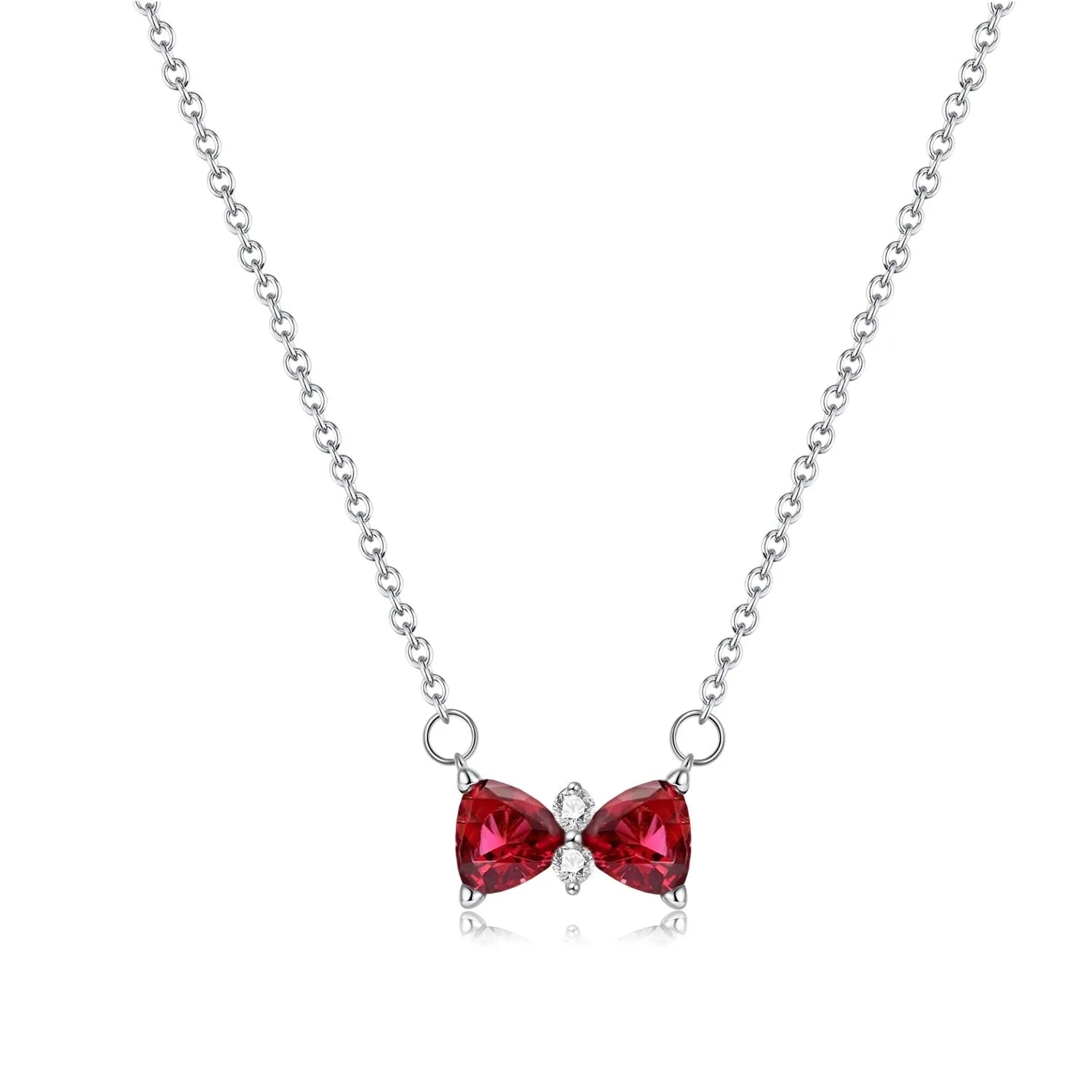 Luxury Original 925 Sterling Silver Necklace Bow Round CZ Red Heart Pendant Necklace Charm Women Classic DIY Gift Making