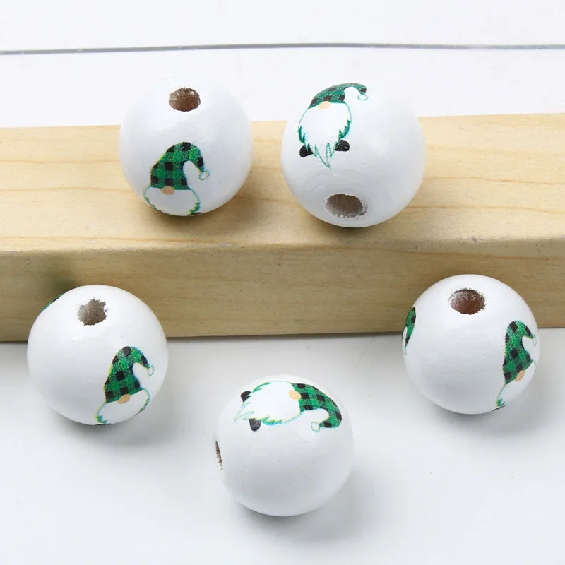 Round Balls Red Green Wooden Beads 15mm Cartoon Tree Letter Pattern Halloween Christmas Beads For Jewelry Making DIY Accessories
