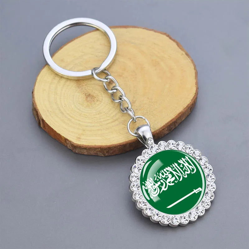 Arab National Flag Keychains Algeria Yemen Tunisia Saudi Arabia Egypt Glass Dome Rhinestone Key Chain Flag Jewelry Keyring Gift
