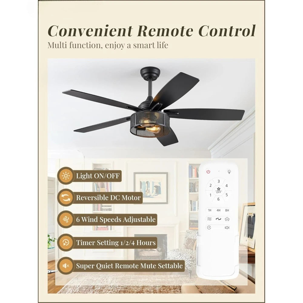 Farmhouse Ceiling Fans with Lights and Remote, 52 Inch Industrial Black Caged Ceiling Fans for Living Room Bedroom Kitchen, 6 Sp