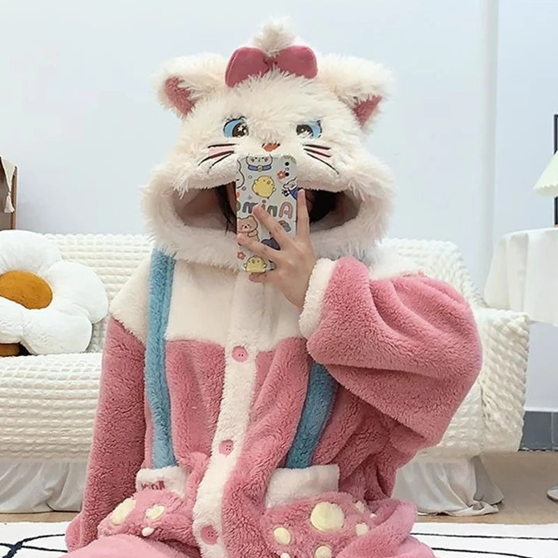 Women's Onesies Flannel Cosplay Costume Dinosaur Panda Fox Animal Pajama Cartoon Hooded Sleepwear Halloween Christmas Nightdress
