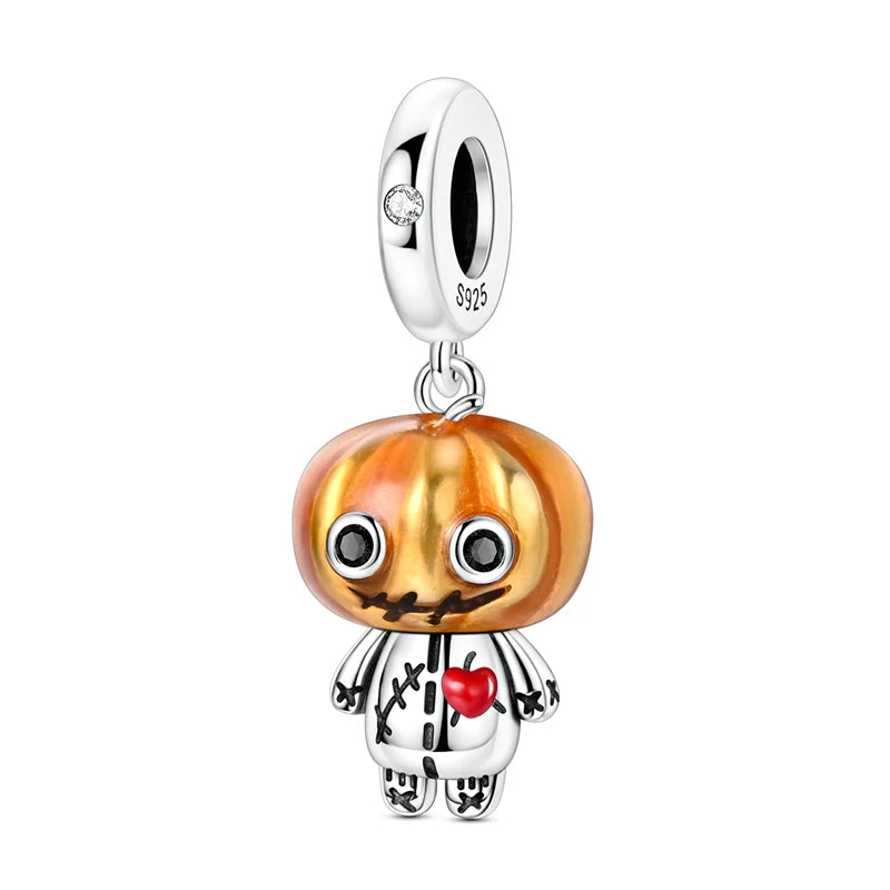 Original 925 Sterling Silver Halloween Charms Beads Pendant Pumpkin Witch Doll Skull Candy Charm Fit Bracelet DIY Jewelry Gift