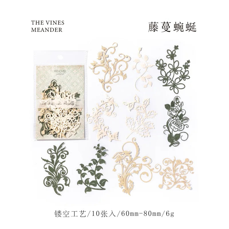 10pcs Vintage Botanical Cut-Out Papers - Lace-Like Base Sheets for Journal & Scrapbooking
