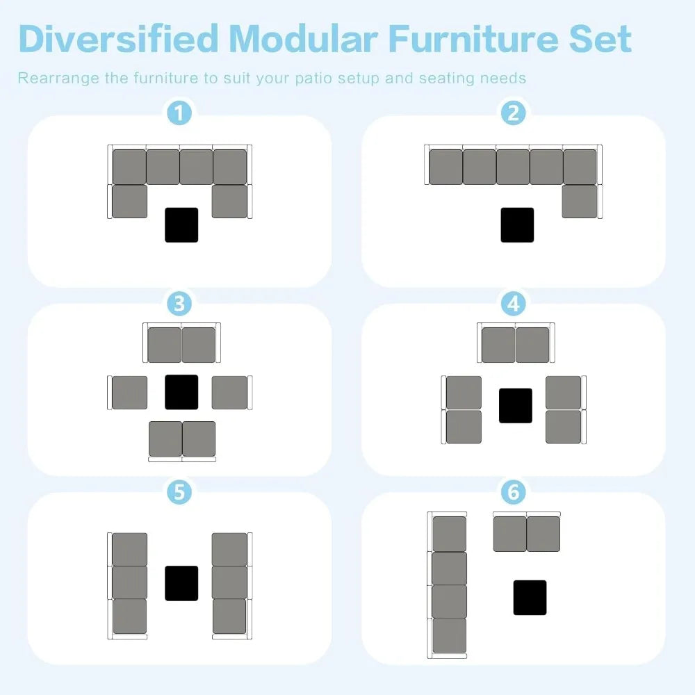7-Piece Outdoor Rattan Sectional Sofa Set, Gray Wicker Patio Furniture Sets with Navy Blue Cushions for Balcony, Porch
